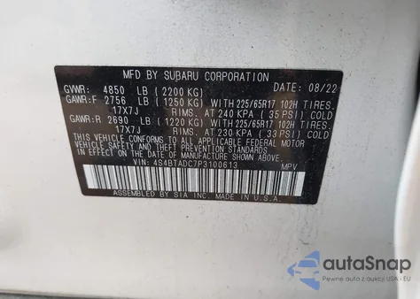 2023 Subaru Outback Premium z USA, uszkodzony, nr VIN 4S4BTADC7P3100613